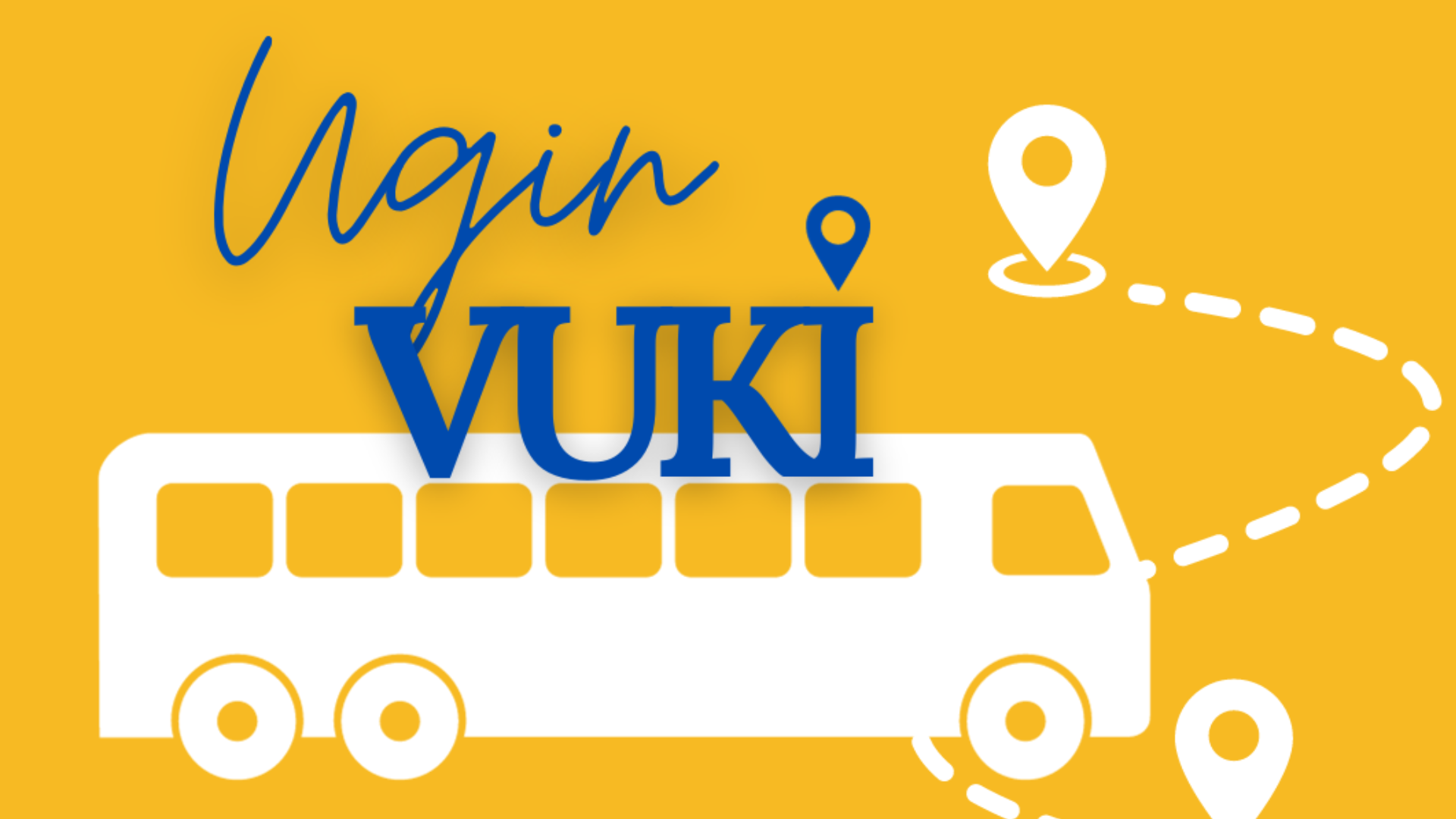 Keltaisella pohjalla valkoinen graafinen bussi ja teksti: "Ugin vuki"